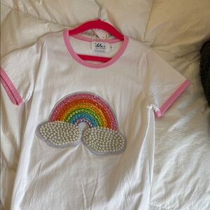 Lola + The Boys White Tee with Pink Trim and Rainbow Sequin Patch
